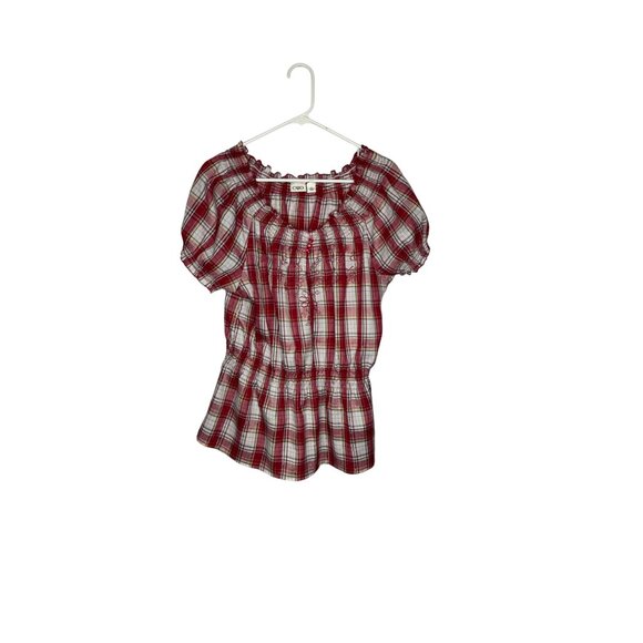Red Plaid Cato Off-Shoulder Smocked Blouse W/ Embroidery & Ruffle Trim - Picture 1 of 5
